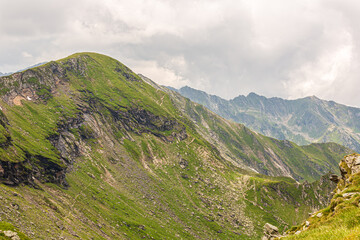 View of mountain peaks and rocky trails in summer time, high altitude, Romanian mountains
