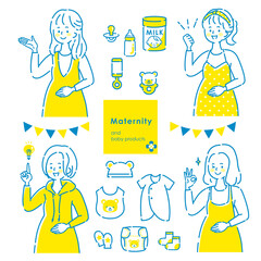 複数の若い妊婦とベビー用品のセット