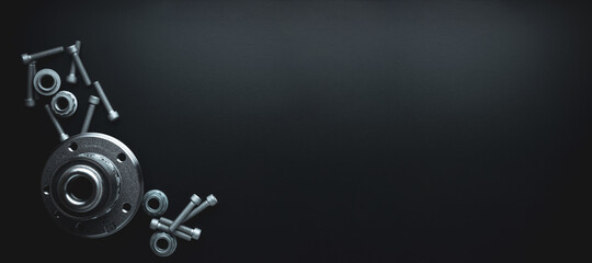 Car motor parts. Auto motor mechanic spare or automotive piece on dark banner background. Set of...
