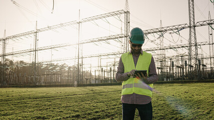 Electrical engineer wearing a helmet and safety vest working with tablet near high voltage electrical lines power station during sunset