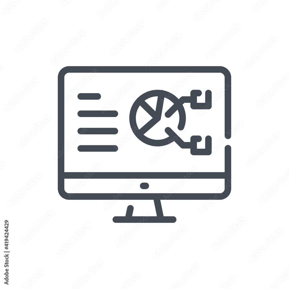 Poster computer with statistics report line icon. online graph, chart and analytics vector outline sign.
