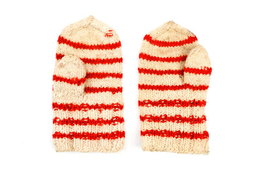 Baby retro striped mittens, on isolated white background 