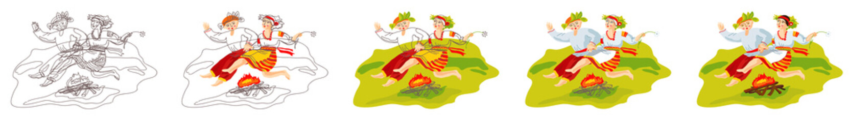 Naklejka premium The process of creating an illustration from a graphic image to a color one. Ivan Kupala Day is a Russian national holiday. A man and a woman jump over a fire in a forest clearing.