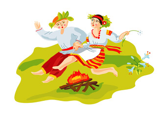 Obraz na płótnie Canvas Ivan Kupala Day - the summer solstice-is a traditional Russian folk holiday. A man and a woman jump over a fire in a forest clearing.