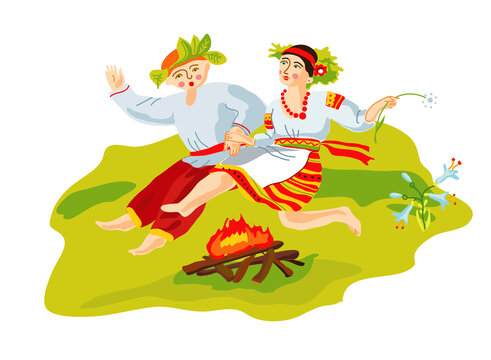 Ivan Kupala Day - the summer solstice-is a traditional Russian folk holiday. A man and a woman jump over a fire in a forest clearing.