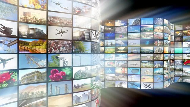 Wall of screens, many images, rays of light - great for topics like broadcasting tv channels or movies over the Internet, communication, entertainment etc - loopable digital animation - 4K animation
