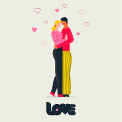 Couple of lovers man and woman hugging face to face. Flat illustration for Valentines day