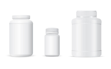 Pill bottle, sport nutrition jar template, protein packaging mockup. White plastic container for whey protein powder. Sport supplement, medical cure tablet 3d box, drug capsule jar design
