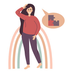 Mental health. A white woman without psychological problems is happy and smiling. Positive mindset . Vector illustration in a flat linear style.