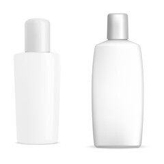 White shmpoo bottle. Cosmetic package mockup, vector blank. Bath gel container design, liquid soap bottle collection, hair or body lotion packaging set. Bathroom tube, clear mask, milk