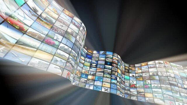 Wall of screens, many images, rays of light - great for topics like broadcasting tv channels or movies over the Internet, communication, entertainment etc - loopable digital animation - 4K animation