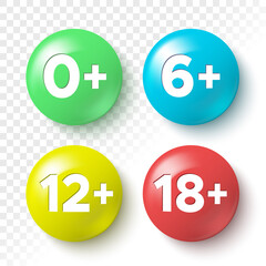 Age restriction icons. Round colorful buttons on transparent background. Vector illustration.