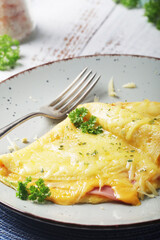 Omelette with ham and cheese on the plate