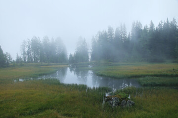 Fototapeta na wymiar Morning fog at Spiegelsee in Schladming, Austria 
