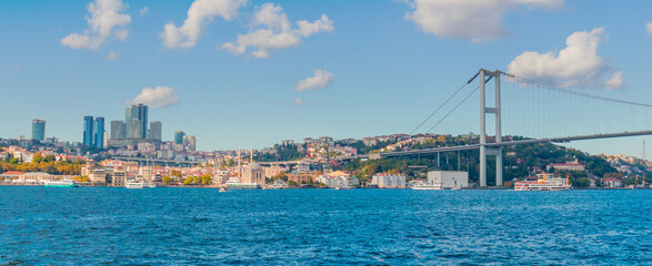 Fototapeta premium Cityscape of Istanbul from Bosphorus Strait, Turkey. Panoramic view