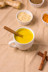 Moon milk for better sleep. Turmeric Golden Milk with Cinnamon. Ayurvedic drink. Popular drink. Golden latte on a light background. Indian drink turmeric golden milk in a cup
