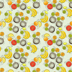 Hand drawn pattern with bananas, coconuts, pineapples. Seamless summer background.