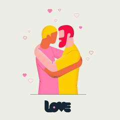 Man and woman couple hugging together and holding hands. Stylish flat illustration