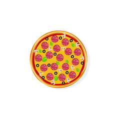 Pizza with salami, olives, and mushrooms top view isolated on the white background