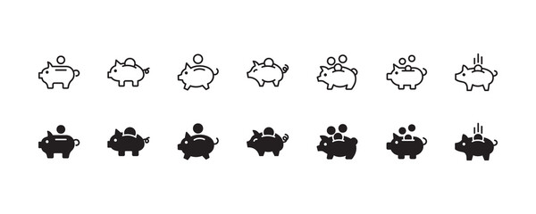 Piggy bank icon set. Vector graphic illustration. Suitable for website design, logo, app, template, and ui. 