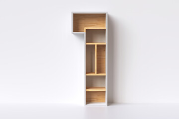 Wood bookcase in the shape of a number “1”. Ideal for an interior design web or blog concept. 3d rendering.