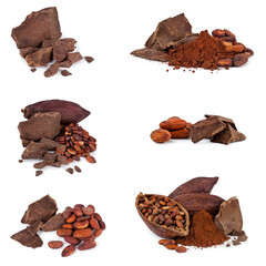 Collection of cocoa pods and beans, cocoa powder with cacao pieces isolated on a white background.