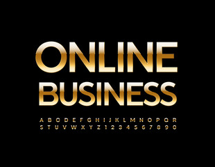 Vector Golden Emblem Online Business. Elegant stylish Font. Artistic Alphabet Letters and Numbers set