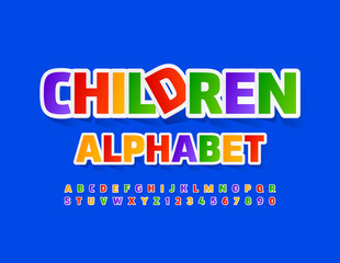Fototapeta na wymiar Vector Children Alphabet. Bright creative Font for Kids. Colorful sticker Letters and Numbers set