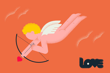 Baby cute cupid shooting with archery. Minimalistic flat illustration with texture for banners, web pages, greetings