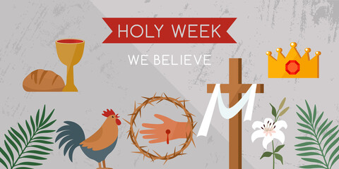 Holy week banner with a rooster, communion, palm branches, a wreath of thorns, the cross of Jesus Christ and a lily.