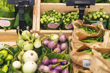 Organic vegetable products on the shelves in the market Ready to eat