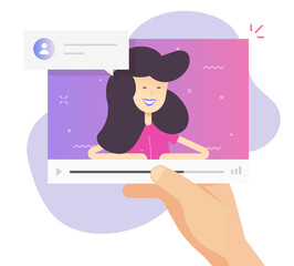 Person man and online video call app with talking girl friend vector flat cartoon illustration, concept of internet distance remote dating, idea of digital relationship communication, discussion meet