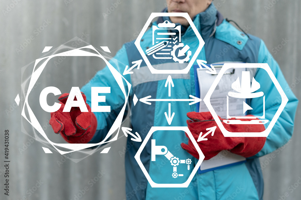 Poster cae computer-aided engineering software system concept. engineer cad industry system.