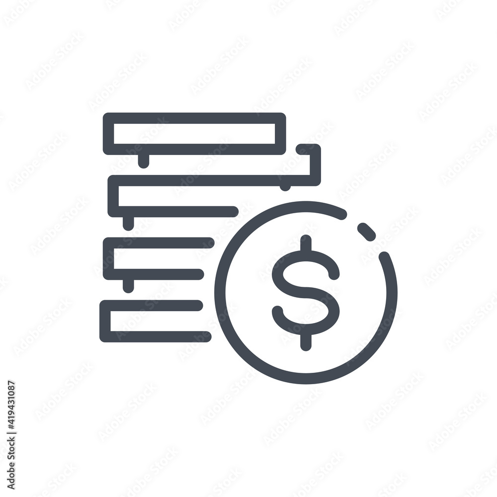 Poster stack of coins line icon. pile of coins with dollar vector outline sign.
