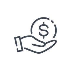 Donation and payment line icon. Hand with dollar coin vector outline sign.