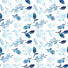 Fotobehang Blauw wit Naadloos patroon van blauwe bladeren met waterverf