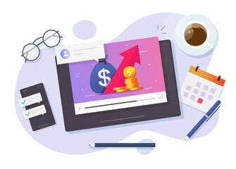 Online finance or investment webinar courses, stocks market trading and budgeting internet video education vector flat cartoon illustration, digital business commercial management training