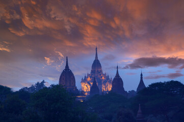 Silhouette of Stupas at sunrise, Bagan, Myanmar