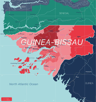 Guinea-Bissau country detailed editable map with regions cities and towns, roads and railways, geographic sites. Vector EPS-10 file