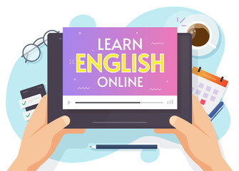 Person pupil studying or learning english online video courses on digital tablet computer vector flat cartoon illustration, concept of foreign language study on internet technology, web education