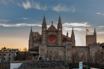 Catedral-Basílica de Santa María de Mallorca, Ornate Gothic edifice overlooking the sea, with a...