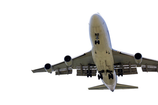 front bottom image large commercial passenger aircraft or cargo transportation airplane spread the wheel prepare to landing isolated on white background with clipping path
