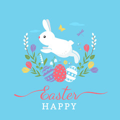 holiday card or banner template. Happy Easter cute Easter bunny with eggs and flowers with a greeting lettering.