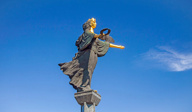 The famous copper and bronze statue of St Sofia (Sveta Sofia), goddess protector of the city, on high column on Sveta Nedelya sq, kind of capital symbol. Sofia, Bulgaria