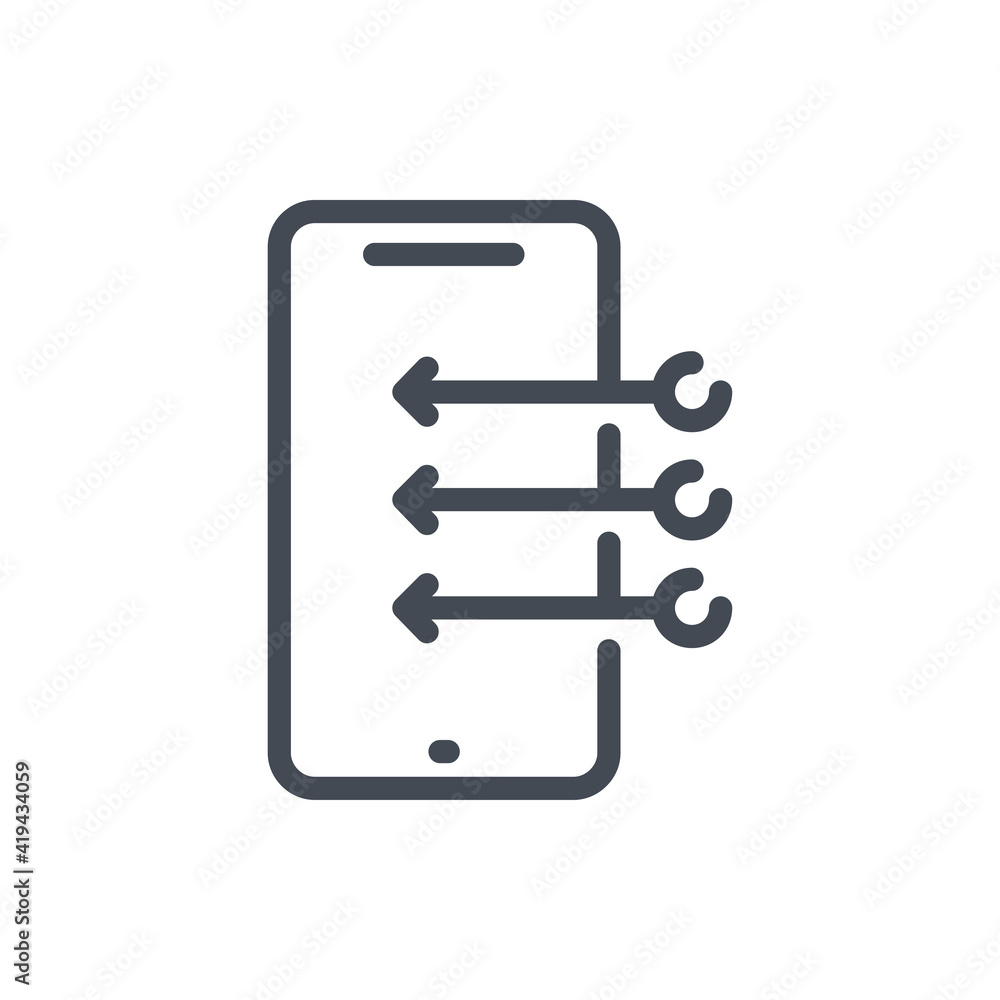 Poster mobile phone application installation line icon. smartphone with additional component vector outline