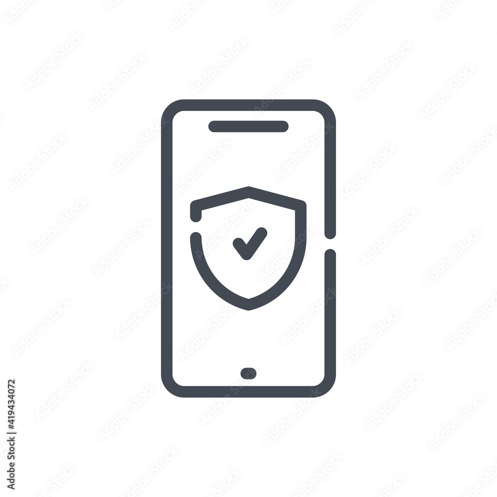 Poster mobile phone with shield and tick line icon. smartphone secure and protection vector outline sign.