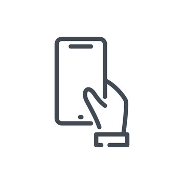 Hand Hold Mobile Phone Line Icon. Hand Holding Smartphone Vector Outline Sign.