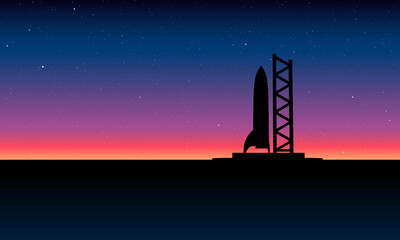 Space rocket ready to start on launching site. Spaceship silhouette takeoff countdown on the sunset illustration