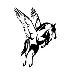 Fototapeta na wymiar pegasus winged horse - greek mythology inspiration symbol animal flying forward black and white vector design