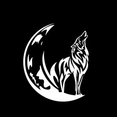 howling wolf spirit standing on crescent moon white vector outline against black night sky background